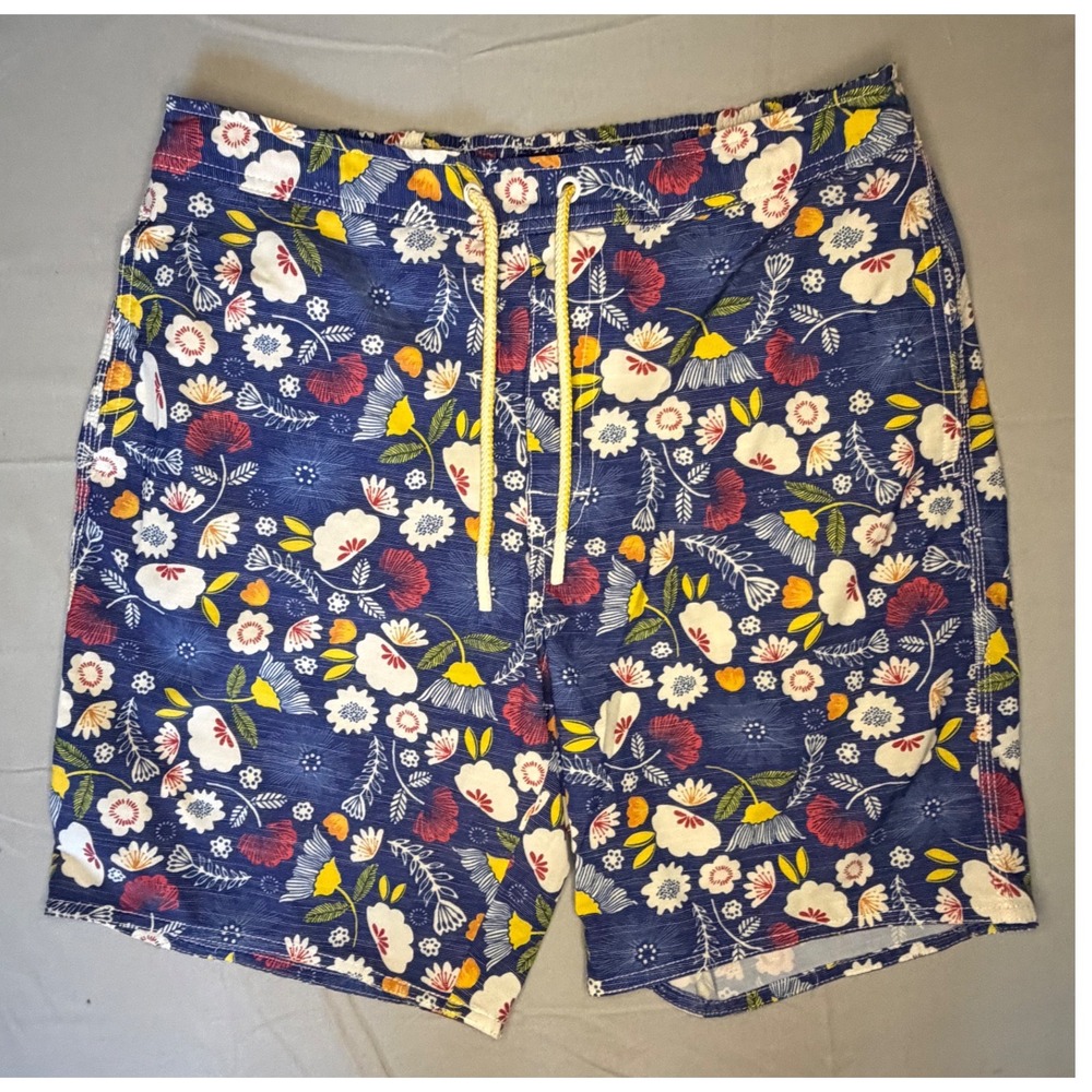 Johnnie-O Floral Swim Trunks Mens Medium Blue Board Shorts Drawstring Beach